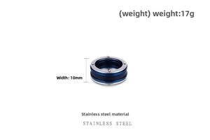 Detail view of a 10mm punk style stainless steel ring with black texture and rivet design