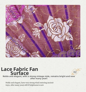 Detail of purple lace folding fan with gold floral embroidery and rose patterns
