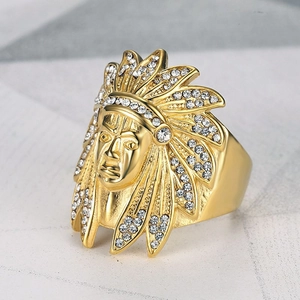 Hip Hop Indian Chief Avatar Ring Titanium Steel Gold Plated Encrusted White Rhinestone Punk Ethnic Jewelry For Men