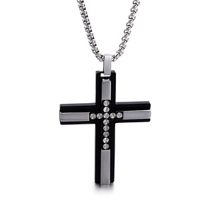 Men's titanium steel cross necklace with black and silver pendant on white background