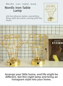 Detail of Nordic iron art lamp with gold diamond frame and Edison bulb for table decor
