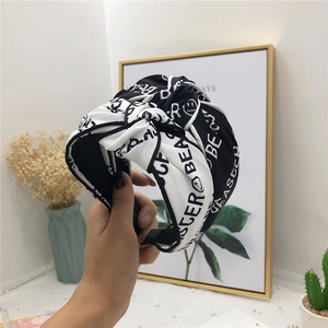 Fashion Wide Fabric Headband With Letter Print And Smiley Face Top Knot Twist Hair Accessory For Women