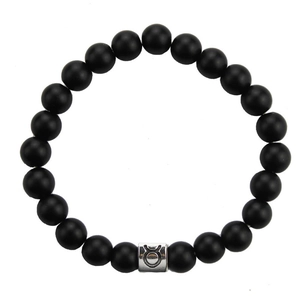 Black matte stone Taurus zodiac bracelet with silver charm for men on white background
