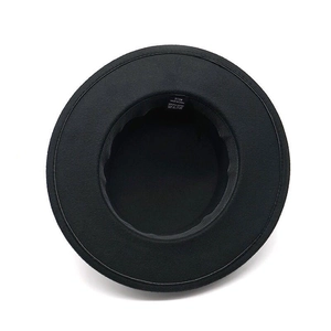 Detail view of the 57cm size label and inner lining of the black wool felt fedora hat