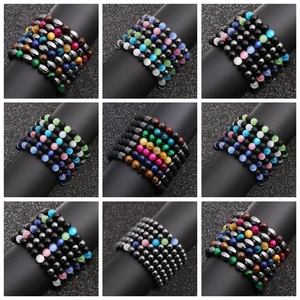 Detailed grid view of 8mm hematite and cat eye stone beaded elastic bracelets in various colors