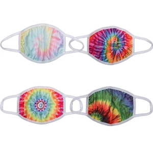 Set of four tie-dye ear-loop face masks with colorful spiral patterns for outdoor protection