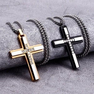 Mens stainless steel cross necklaces in gold and black finishes with cubic zirconia