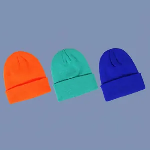 Three-color ribbed knit beanie hats in bright orange, mint green, and royal blue