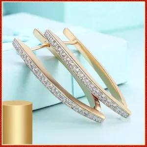 Geometric Long V Shaped Ear Buckle Earrings Copper With Paved Zircon Minimalist Light Luxury Fashion For Women