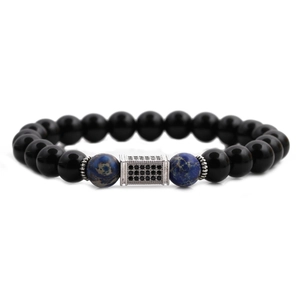 Bracelet pour homme en perles noires de 8mm et pierre impériale bleue avec zircon