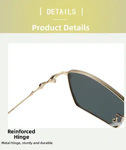 Close-up of reinforced gold metal hinge on trendy irregular small frame sunglasses