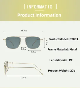 Tableau des tailles détaillé des lunettes de soleil carrées en métal modèle DY003