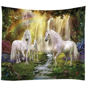 Fantasy unicorn tapestry with white unicorns in a magical forest waterfall scene