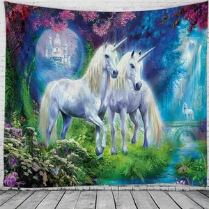 Detail of fantasy tapestry showing white unicorns and magical castle in forest