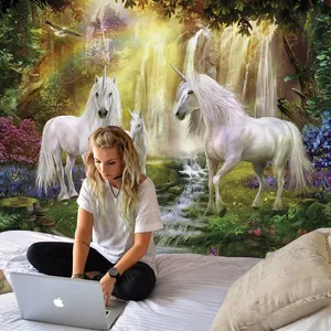 Detailed fantasy forest tapestry with white unicorn and waterfall for home wall decor