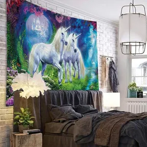 Detail of unicorn fantasy forest tapestry hanging on a white brick bedroom wall