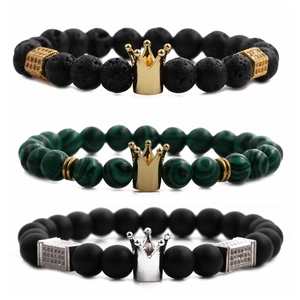 Men Beaded Bracelet Natural Lava Stone Malachite Alloy Crown Pave Zircon Elastic Stretch Charm Jewelry