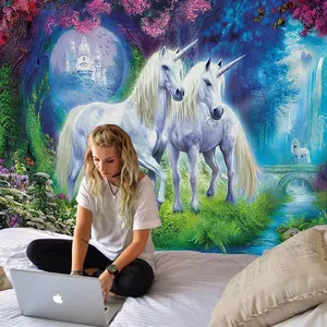 Fantasy unicorn tapestry with castle and forest design used as a bedroom wall hanging