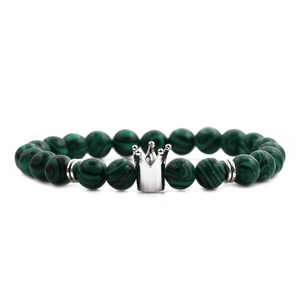 Green malachite and lava stone beaded bracelet for men with silver crown charm pendant