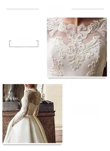 Detail of elegant white wedding dress showing delicate lace embroidery and satin fabric