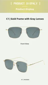Détails des lunettes aviateur en métal doré avec verres gris et monture à double pont