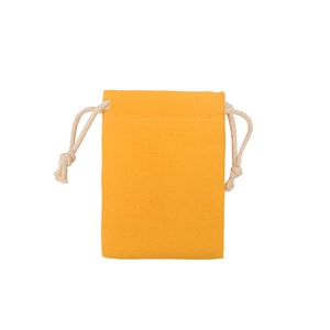 Close-up of textured yellow canvas drawstring bag with white cotton cords and stitching