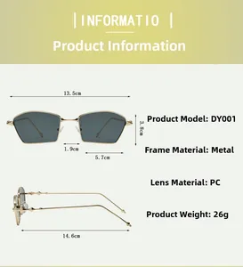 Detailed size specifications for irregular metal sunglasses with frame and lens measurements