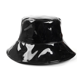 Cappello da Pescatore in Pelle PU Lucida da Donna Tesa Larga Protezione Solare Impermeabile Cima Piatta Moda Nero per Autunno Inverno