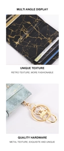Detail of marble pattern PU leather card holder with card slots and golden metal hook