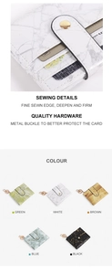 Detail of marble pattern wallets showing stitching precision and golden metal clasps