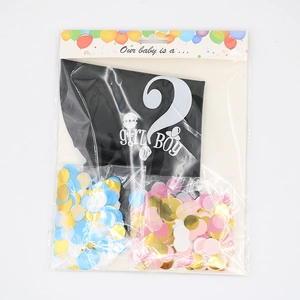 36-inch gender reveal balloon set with pink and blue confetti in clear retail packaging