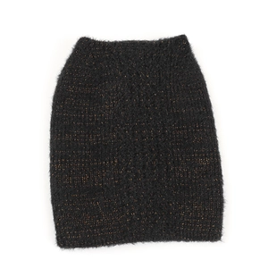 Close-up of black faux fur knit fabric with subtle metallic gold glitter thread detail
