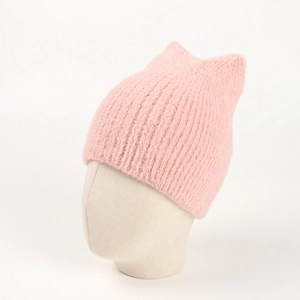 Close-up of pink knit beanie featuring cute cat ears and soft faux mink texture for women