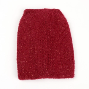 Detail of burgundy faux mink knit hat with golden lurex sparkle and soft fuzzy texture