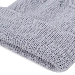 Winter warm gray knitted beanie hat with thick ribbed cuff for men and women