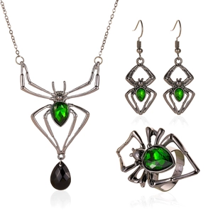 Halloween spider jewelry set with green gemstones, necklace, earrings and ring in retro style