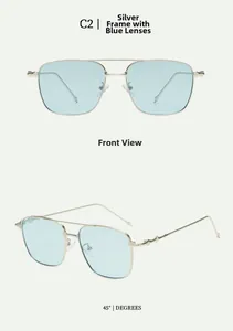 Détail de lunettes de soleil carrées en métal argenté avec verres bleus élégants