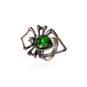 Bague araignée gothique en métal noir avec une grande pierre verte en forme de poire