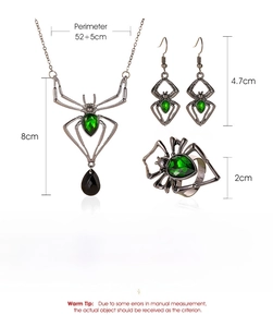 Detailed size specifications for vintage spider jewelry set with green gemstones
