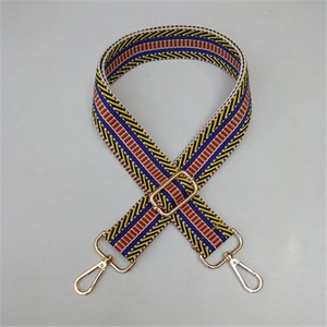 Close-up of adjustable woven strap with colorful geometric stripes and gold lobster clips