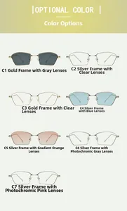 Grid view showing seven colors of irregular metal frame sunglasses and tinted lenses