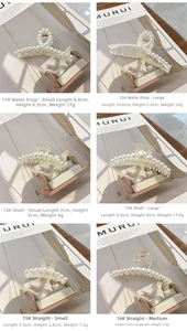 Size chart showing pearl hair claw clips in various shapes and measurements