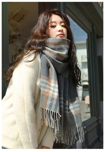 Détail d'une écharpe d'hiver chaude à carreaux gris et marron avec des franges élégantes