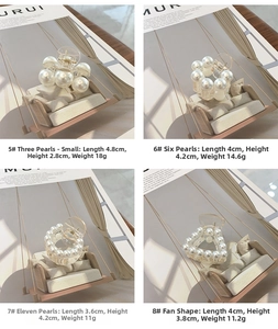 Detailed size specifications for pearl hair claws with various designs and dimensions