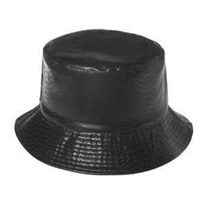 Close-up of black crocodile pattern faux leather bucket hat with glossy scale texture