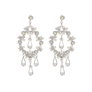 Elegant silver teardrop tassel earrings with vintage floral crystal pavé design