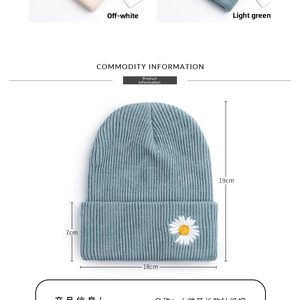 Size chart showing 19cm height and daisy embroidery detail on a knit beanie