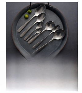 Flat lay of diverse matte grey stainless steel spoons arranged on a round tray