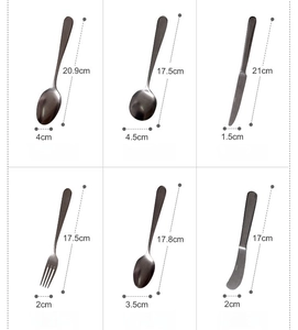 Detailed dimensions of dark grey matte stainless steel cutlery set with weights