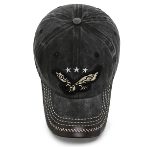 Vintage dark gray washed denim baseball cap with eagle embroidery and curved brim